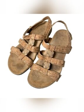 Women's Vionic Amber Sandals Orthaheel Tan Cork Brown Flat Comfort Size 10